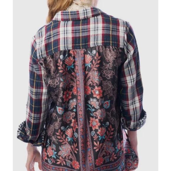 Aratta Silent Journey Mixed Plaid Floral Print Button Down Tunic Top Size Small - Picture 1 of 14